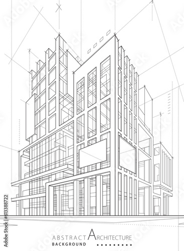 3D illustration, abstract modern urban line drawing, imaginative architecture, building construction, and perspective design