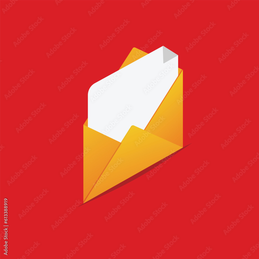 Isometric Email icon, blank white paper coming out of an yellow envelop Isometric Email icon, blank white paper coming out of an yellow envelop
