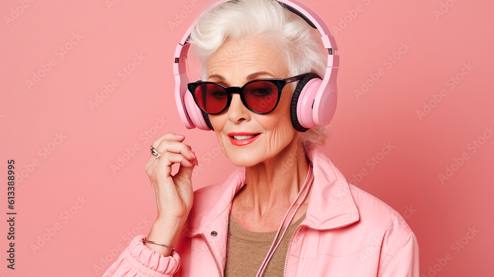Adult modern woman with pink hair and headphones, Barbicor style. Portrait of a smiling happy attractive woman Generative AI Adult modern woman with pink hair and headphones, Barbicor style. Portrait of a smiling happy attractive woman Generative AI