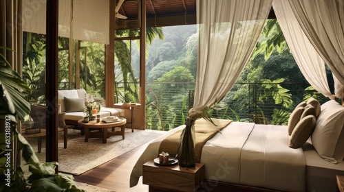 Beautiful outdoor views. Patio hotel room in Bali jungle. Ocean shoreline landscape. Bedroom furniture with vegetation. Travel vacation.