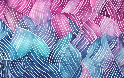 Abstract blue and pink watercolor background with white lines. Generative AI technology. 