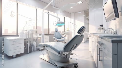 Dental chair with medical tools, Generative AI