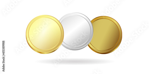 A set of gold, silver and copper coins. 3 D. Vector illustration.