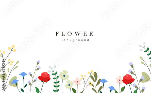 Spring floral art background vector. Botanical hand drawn flowers, leaves, petal plants. Blossom design illustration for wallpaper, banner, print, poster, cover, greeting and invitation