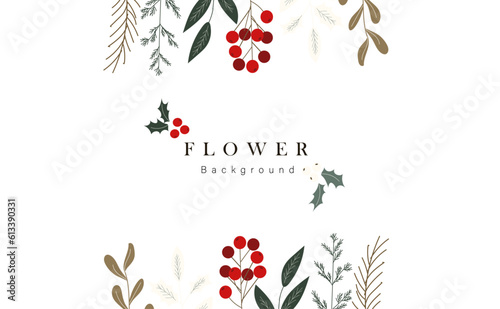 Winter floral art background vector. Botanical hand drawn flowers, leaves, petal plants. Blossom design illustration for wallpaper, banner, print, poster, cover, greeting and invitation