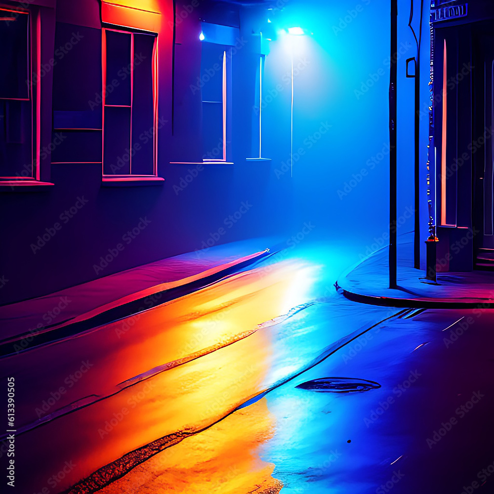Dark Night city street neon spotlight smoke view background. Light ...