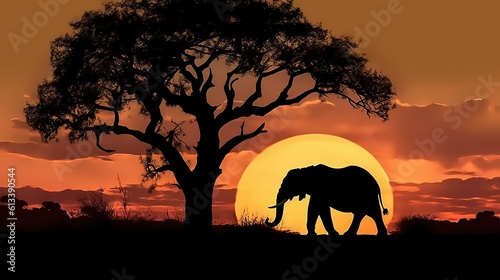 Elephant and tree silhouette on sunset background, Generative AI