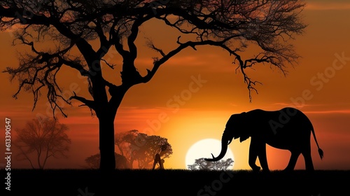 Elephant and tree silhouette on sunset background, Generative AI © MUCHIB