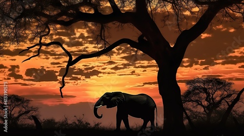 Elephant and tree silhouette on sunset background, Generative AI