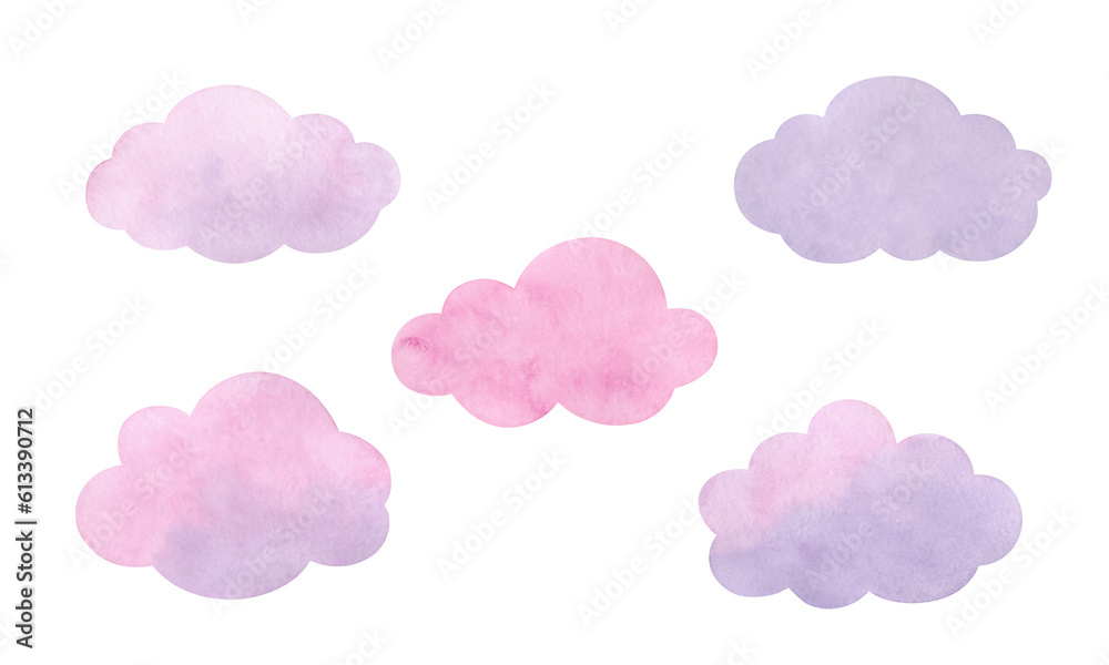 Set of textural, abstract, pink, lilac clouds isolated on a white background. Drawn by hand, watercolor on paper. For the holiday, as an element of design, postcards, decoration.