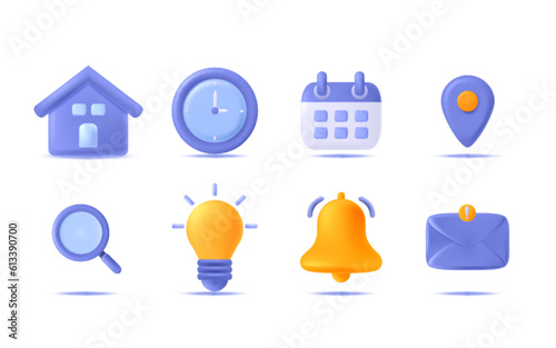 Business and office schedule 3d icon set. Place, time, calendar, search, bulb, bell, envelope icon.