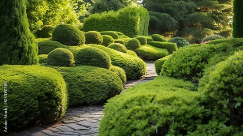 Evergreen shrubs in landscape design, Generative AI