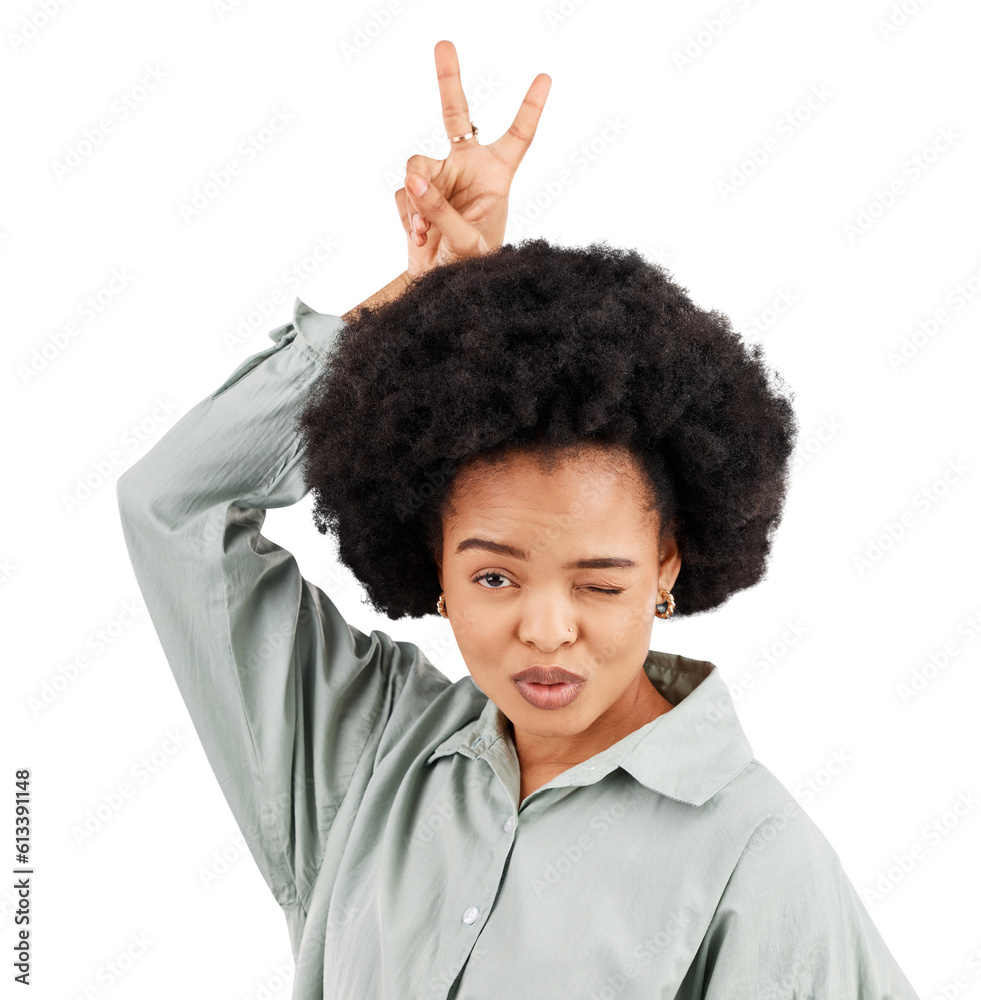 Peace sign, happy woman and portrait with a wink, pout and bunny ears hand. Young female joke, comedy kiss and funny emoji hands of a African person isolated on a transparent, png background