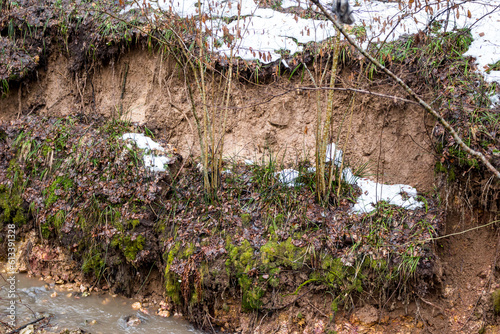 A small landslide on the clay slope of the ravine due to water washout