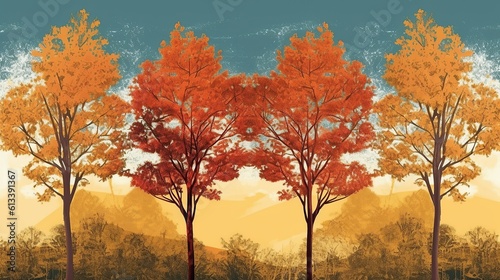 Folky fall trees block print style, Generative AI