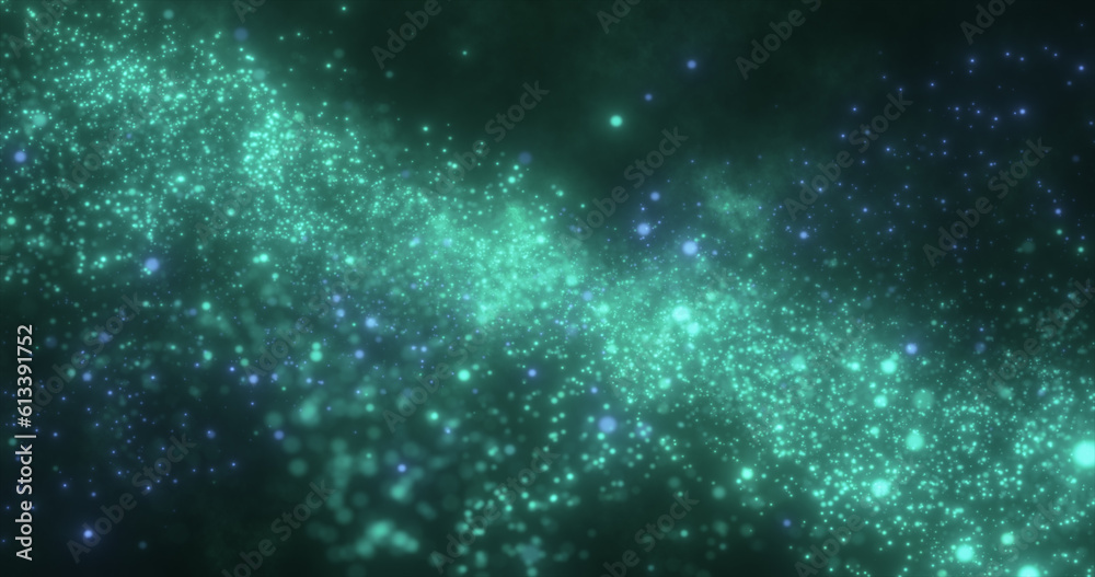 Abstract green energy magic round particles round with bokeh effect glowing background