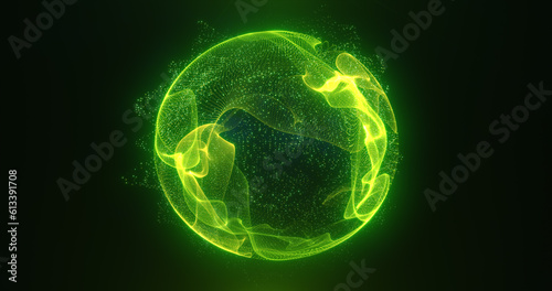Abstract green energy sphere of particles and waves of magical glowing on a dark background