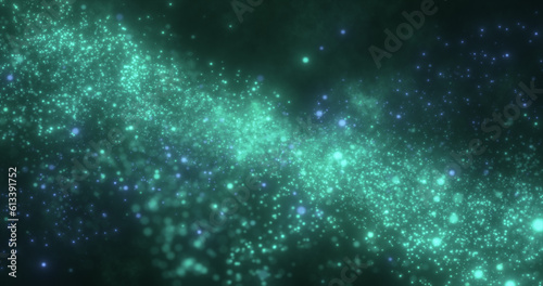 Abstract green energy magic round particles round with bokeh effect glowing background © Bolbik