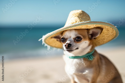 Small cute dog wearing summer straw hat on sandy beach with ocean and blue sky in background, Generative AI illustration