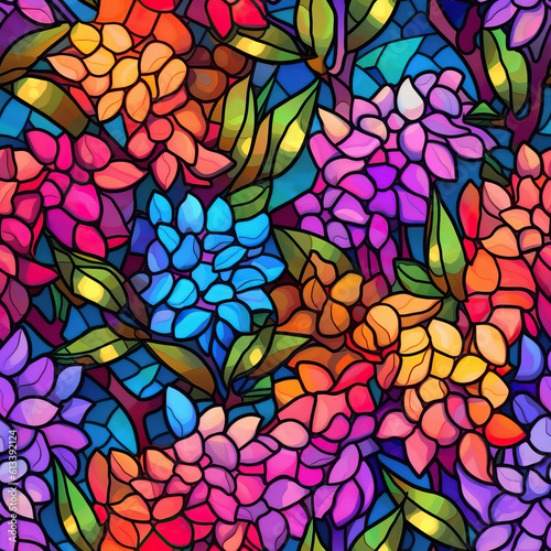 Colorful stained glass flowers seamless repeat pattern [Generative AI] 