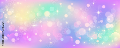Rainbow unicorn background. Pastel pink color sky with stars. Holographic fantasy print with bokeh. Vector wallpaper for princess girl design.