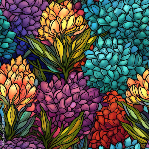 Colorful stained glass flowers seamless repeat pattern  Generative AI  