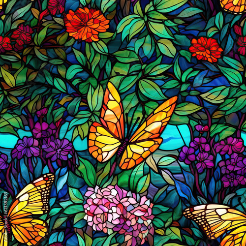 Colorful stained glass flowers and butterflies seamless repeat pattern [Generative AI] 