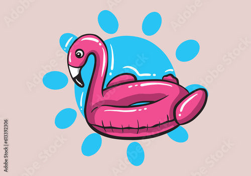 cartoon Flamingo swimming rings. Colorful floating rings. Life saving floating lifebuoy for beach. Beach accessory.