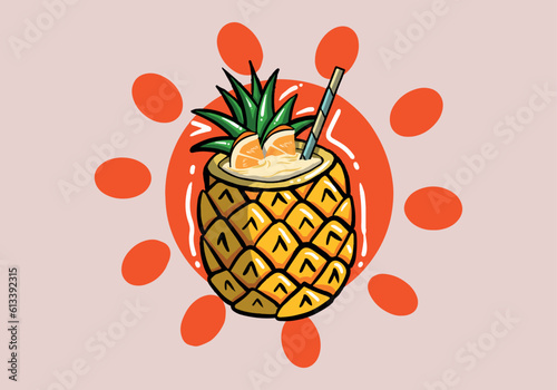 Pineapple cocktail garnished, pineaple leaves, colorful straw tube and two slices of orange isolated on background. Vector illustration