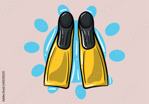 Hand drawn colorful flippers for diving. Swimming fins. Accelerate the pace of swimming. Diving gear. Things you need on the beach. Cartoon style.