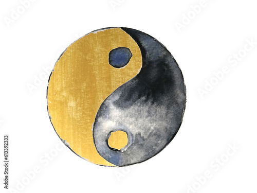 watercolor painting ink abstract texture minimal yin yang gold symbol. png hand drawn. 