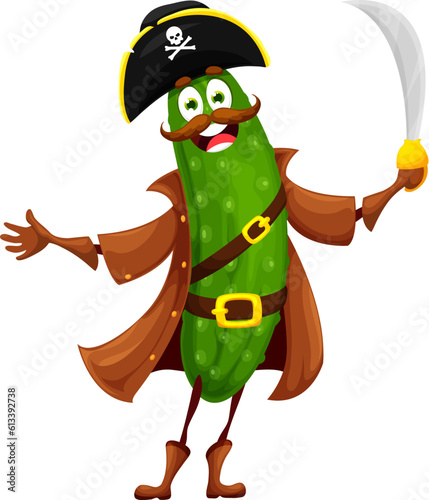 Cartoon Halloween pirate cucumber character. Vector cheerful fresh garden plant corsair. Comic vegetable filibuster wear captain clothing. Green veggies buccaneer in cocked hat and cape with sabre