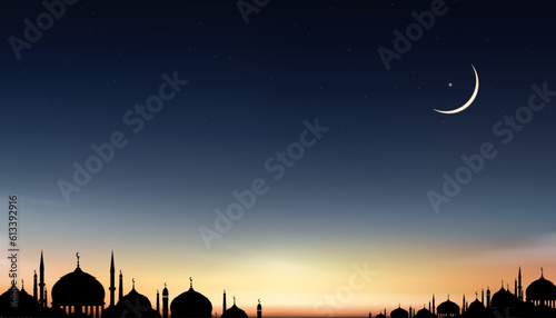 Islamic background Ramadan Kareem design with Silhouette Dome Mosques Crescent Moon on Sunset Sky Vetor Ramadhan Night with twilight dusk sky for Islamic religion Eid al-Adha Eid Mubarak Eid al fitr