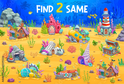 Find two same cartoon fairytale underwater house buildings. Same picture finding vector quiz vector worksheet with sunken ship and submarine, sea shell, treasure chest, lighthouse fantasy dwelling © Vector Tradition
