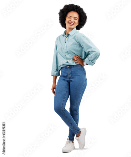 Fashion, happy and portrait of black woman with smile on png, isolated and transparent background. Trendy style, casual clothes and female person laugh with positive mindset, confidence and happiness photo