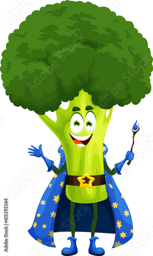 Cartoon Halloween broccoli wizard character. Isolated vector warlock vegetable personage holding spellbinding wand, dressed in blue cape with stars. Natural healthy food, fantasy fairy tale veggies