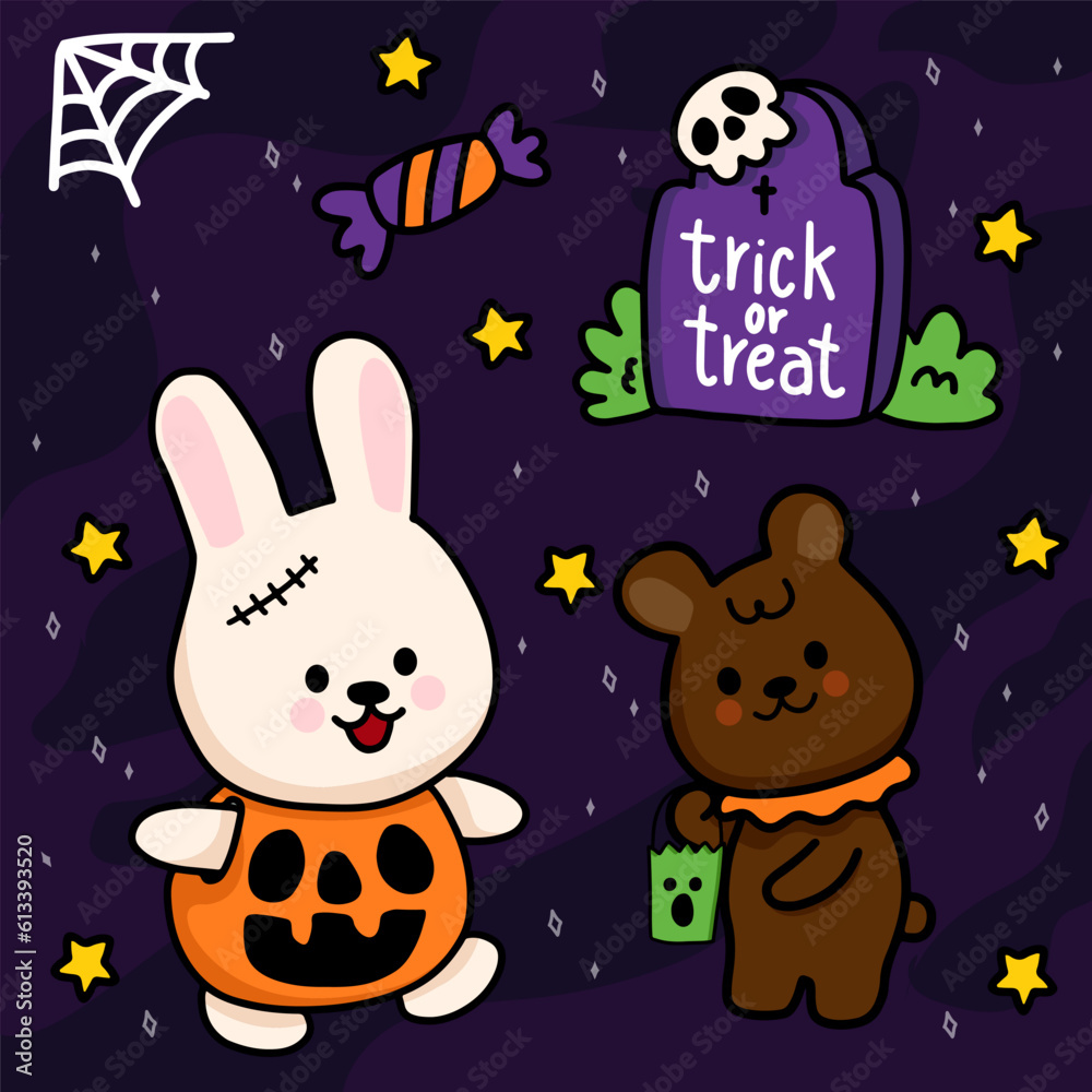 Fototapeta premium Halloween night rabbit and bear in the cemetery with pumpkins