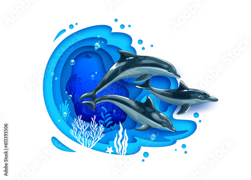 Cartoon dolphins and sea paper cut landscape. Sea nature, underwater deep life, environmental and animal day papercut vector background. Aquatic bottom 3d concept with dolphins swimming in ocean deep