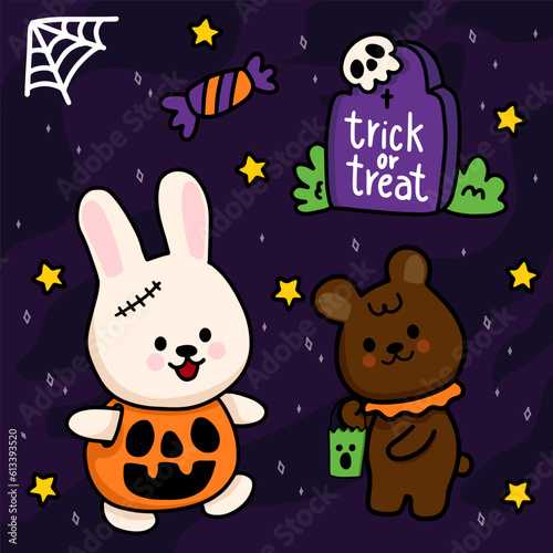 Halloween night rabbit and bear in the cemetery with pumpkins