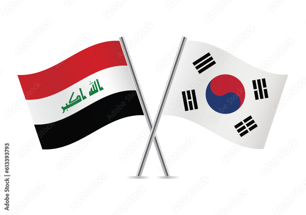 Iraq and South Korea crossed flags. Iraqi and South Korean flags, isolated on white background. Vector icon set. Vector illustration.