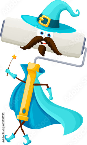 Cartoon Halloween paint roller tool wizard character. Diy instrument holding wand. Vector funny smiling construction or renovation personage dressed in warlock robe and hat ready for home improvement