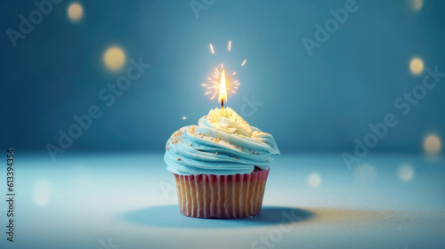 Сake With One Candle On A Baby Blue Background Сake One Year Greeting Card Design. Generative AI