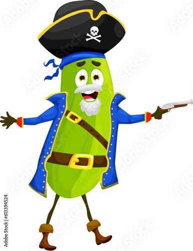 Cartoon halloween zucchini pirate character. Isolated vector fantasy filibuster raw vegetable. Funny corsair healthy food personage wearing buccaneer costume, tricorn hat, and boots shoot with gun
