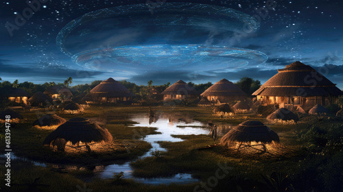 A Fantastic Island Floating With Ancient Village Rustic Huts Tribal Gathering. Generative AI