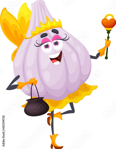 Cartoon Halloween garlic fairy character. Funny vector pixie vegetable with mischievous expression wear fantasy outfit holding wand and pot. Whimsical fantasy personage with wings and smiling face