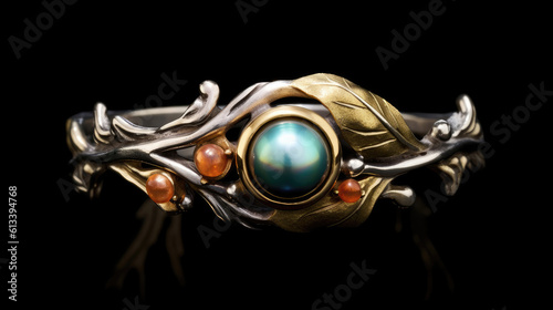 Art Nouveau Style Swirling Vine And Pearl Ring Color Organic And Artistic Design. Generative AI