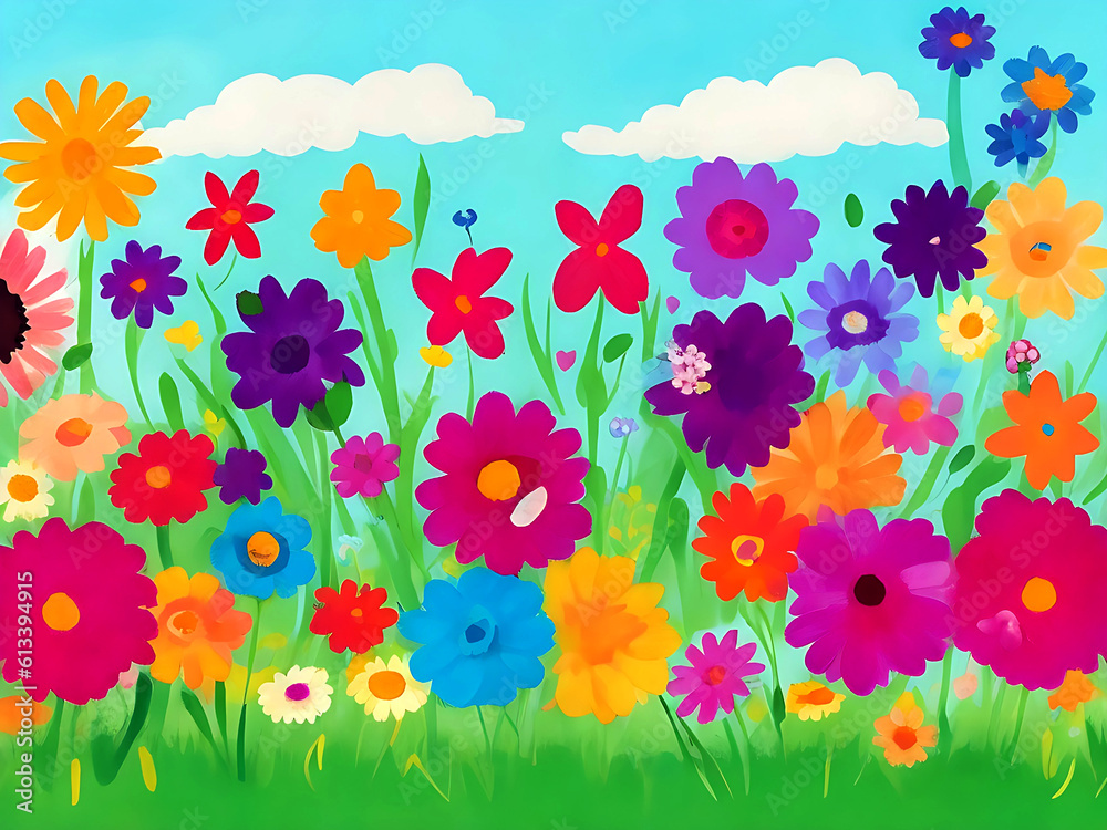Colorful watercolor abstract flower meadow background. Rainbow wildflower wallpaper.