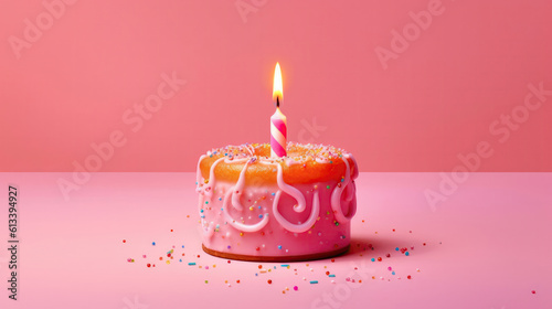 Cake With One Candle On A Pink Background. Generative AI