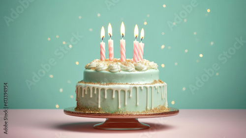 Cake With Candles On A Pale Mint Background Greeting Card Design. Generative AI
