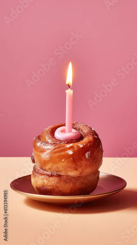 Cinnamon Roll With One Candle On A Pink Background Greeting Card Design. Generative AI